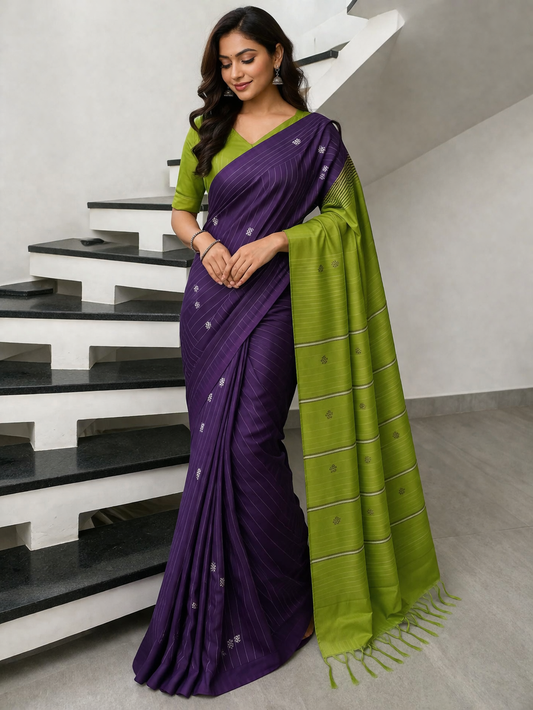 Royal Purple & Parrot Green Banana Silk Saree with Thread Stripes and Butta