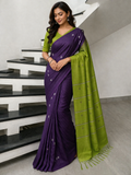 Royal Purple & Parrot Green Banana Silk Saree with Thread Stripes and Butta