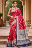 Bridal Red Banarasi Silk Saree with Dark Blue Zari Elephant Border