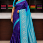 Royal Purple & Aqua Blue Pure Silk Handloom Saree with Silver Zari Floral Border
