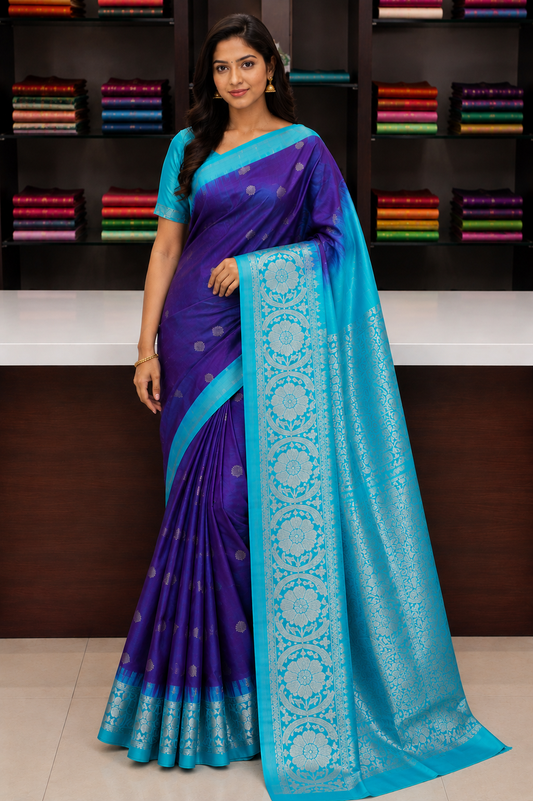 Royal Purple & Aqua Blue Pure Silk Handloom Saree with Silver Zari Floral Border
