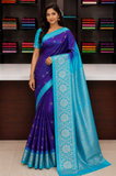 Royal Purple & Aqua Blue Pure Silk Handloom Saree with Silver Zari Floral Border
