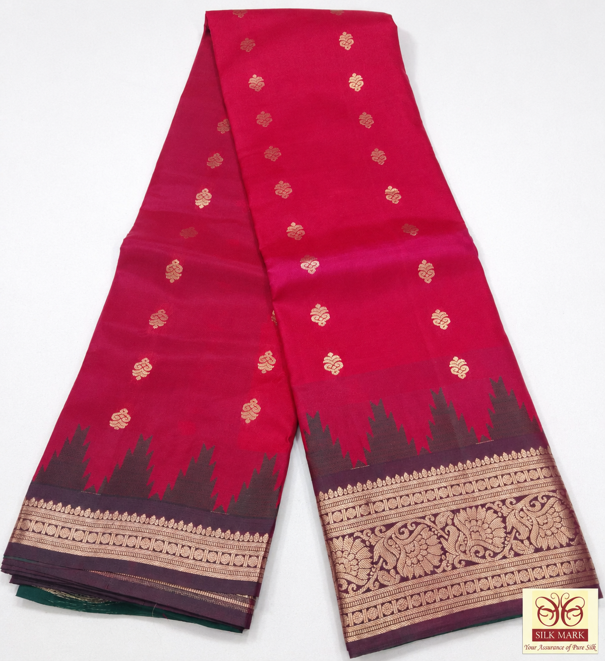 Rani Pink & Emerald Green Pure Kanjivaram Handloom Silk Saree with Temple Border