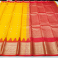 Sunshine Yellow & Coral Red Pure Kanjivaram Handloom Silk Saree with Temple Border