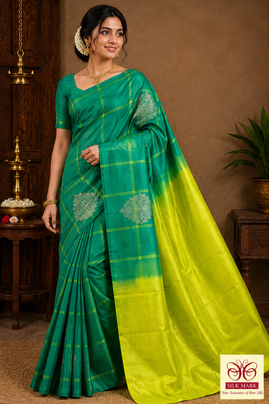Elegant Peacock Green & Lime Yellow Pure Soft Silk Handloom Saree