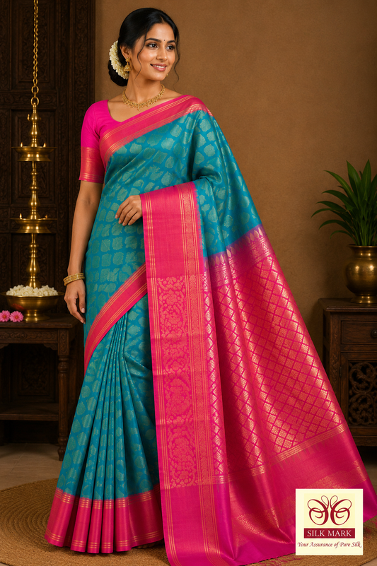 Turquoise Blue & Rani Pink Pure Silk Handloom Soft Silk Saree
