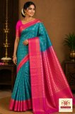 Turquoise Blue & Rani Pink Pure Silk Handloom Soft Silk Saree