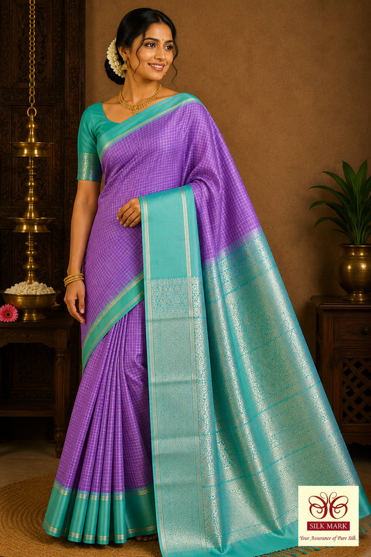 Orchid Purple & Aqua Green Pure Silk Handloom Soft Silk Saree