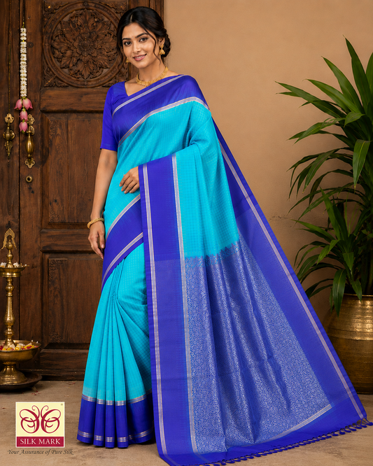 Elegant Aqua Blue & Royal Purple Pure Silk Handloom Soft Silk Saree with Rich Zari Border