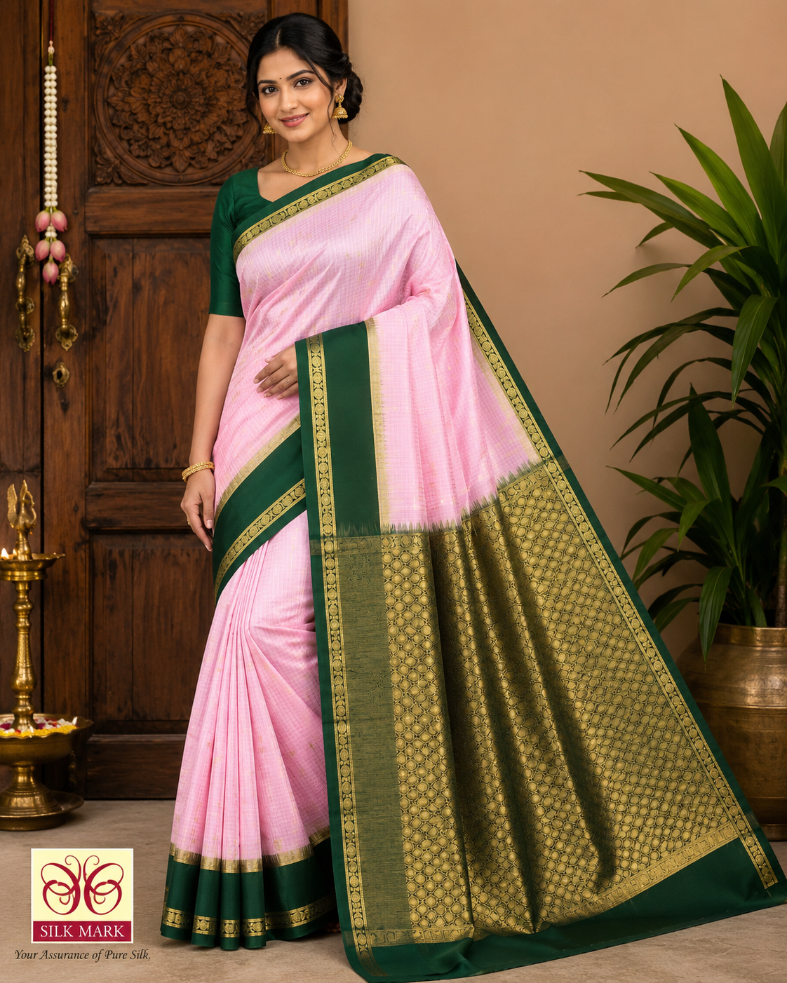 Graceful Baby Pink & Bottle Green Pure Silk Handloom Soft Silk Saree with Rich Gold Zari Pallu