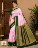 Graceful Baby Pink & Bottle Green Pure Silk Handloom Soft Silk Saree with Rich Gold Zari Pallu