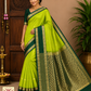 Elegant Lime Green & Bottle Green Pure Silk Handloom Saree with Antique Gold Zari Pallu