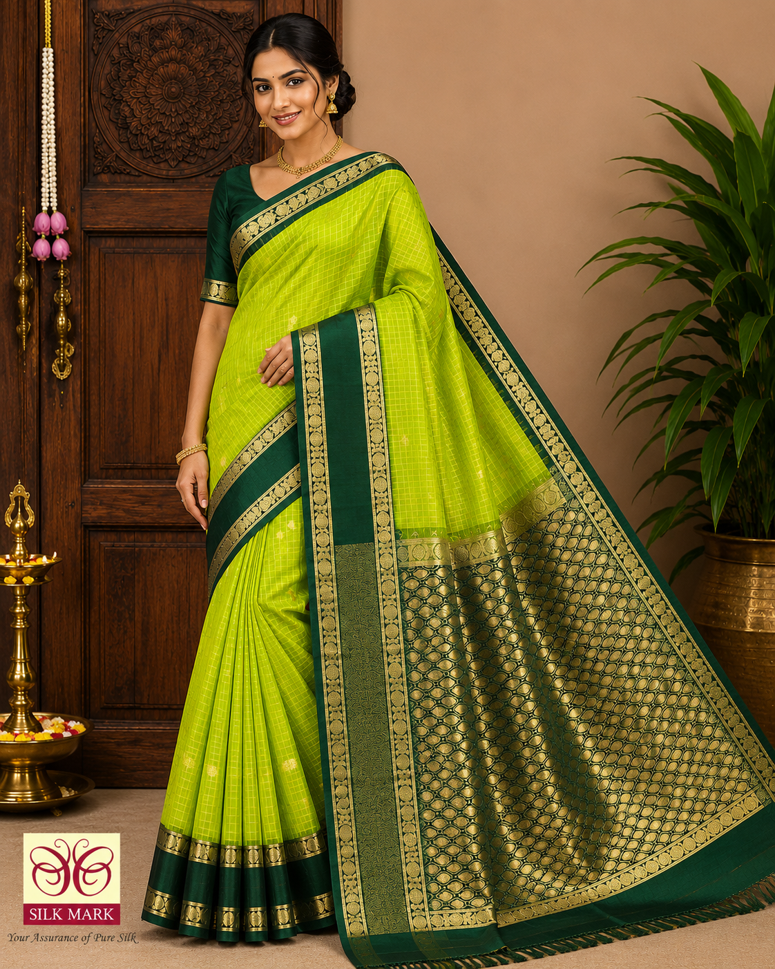 Elegant Lime Green & Bottle Green Pure Silk Handloom Saree with Antique Gold Zari Pallu