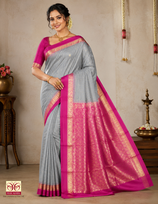 Pure Silk Handloom Soft Silk Saree – Mist Grey with Rani Pink Zari Pallu