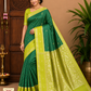 Elegant Bottle Green & Lemon Green Pure Silk Handloom Saree with Silver Zari Weaving