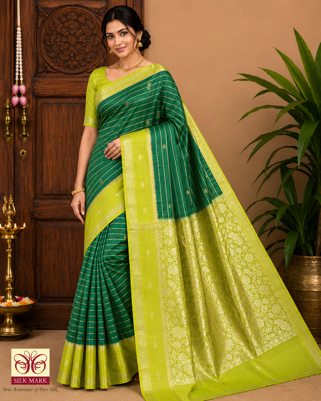 Elegant Bottle Green & Lemon Green Pure Silk Handloom Saree with Silver Zari Weaving