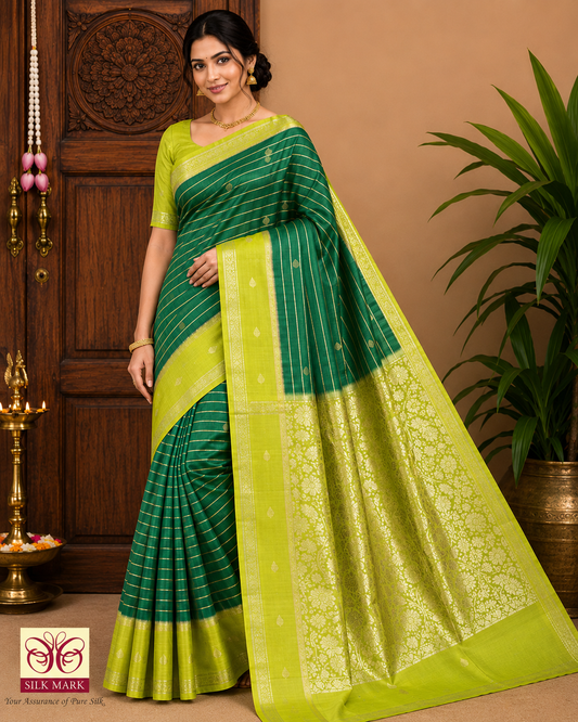 Elegant Bottle Green & Lemon Green Pure Silk Handloom Saree with Silver Zari Weaving