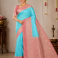 Elegant Sky Blue & Dual Shade Peach Pink Pure Silk Handloom Saree with Silver Zari Pallu