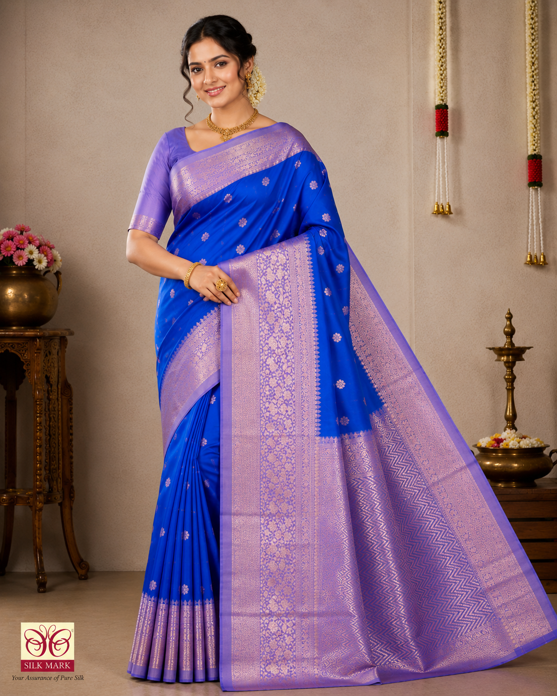Pure Silk Handloom Soft Silk Saree – Royal Blue with Lavender Silver Zari Border