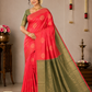Pure Silk Handloom Soft Silk Saree – Tomato Red with Olive Green Zari Pallu