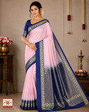 Pure Silk Handloom Soft Silk Saree – Baby Pink with Royal Blue Zari Border