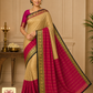 Pure Mysore Silk Saree in Beige Gold & Deep Rose Pink with Zari Buttas and Peacock Border