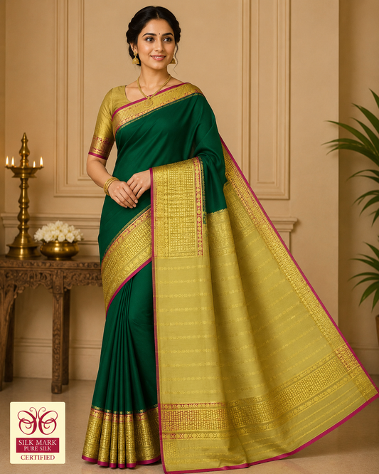 Pure Mysore Silk Saree in Emerald Green & Antique Gold with Rich Zari Border