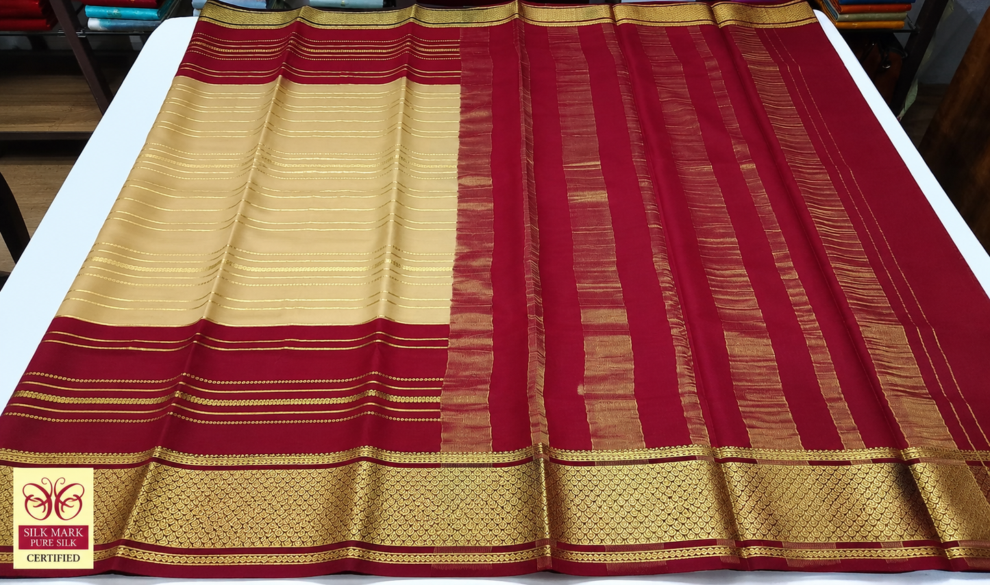 Pure Mysore Silk Saree in Beige Gold & Maroon Red with Traditional Zari Border