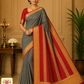 Pure Mysore Silk Saree in Slate Grey with Vermilion Red Pallu & Grand Gold Zari Border