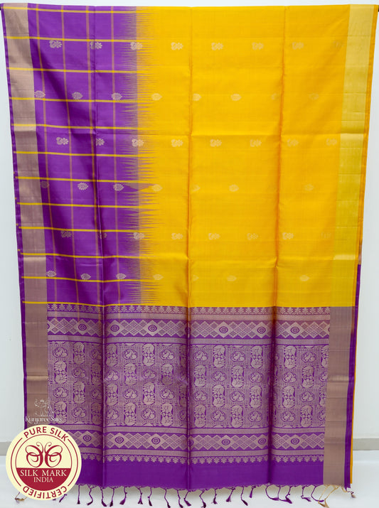 Yellow with Purple Color Pure Silk Saree