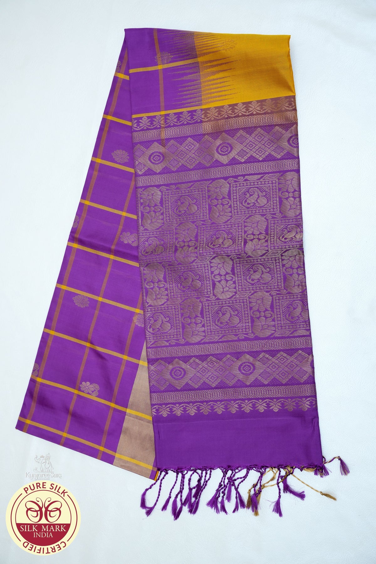 Yellow with Purple Color Pure Silk Saree