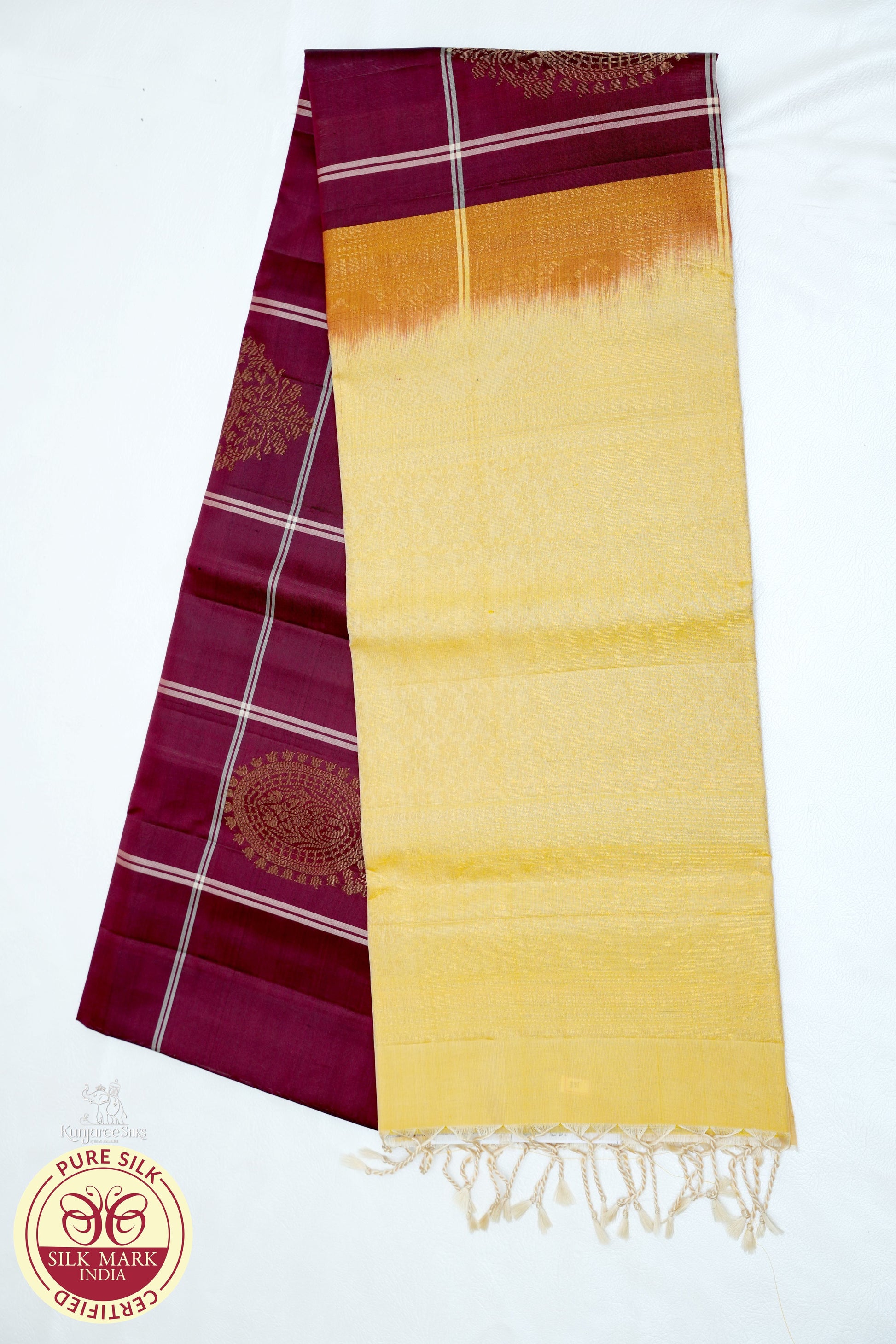 Raspberry with Lime Yellow Color Pure Silk Saree