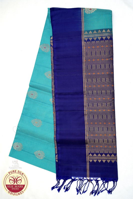 Pure Handloom Soft Silk Saree with Meena Butta Zari - Aqua Blue & Royal Blue
