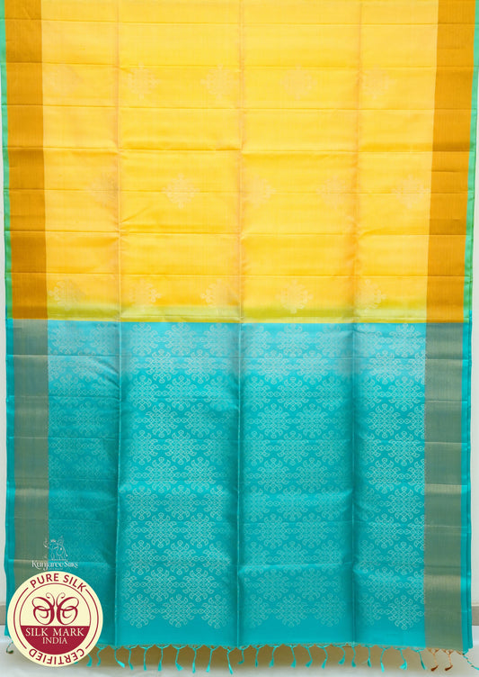 Yellow with Teal Blue Color Pure Silk Saree