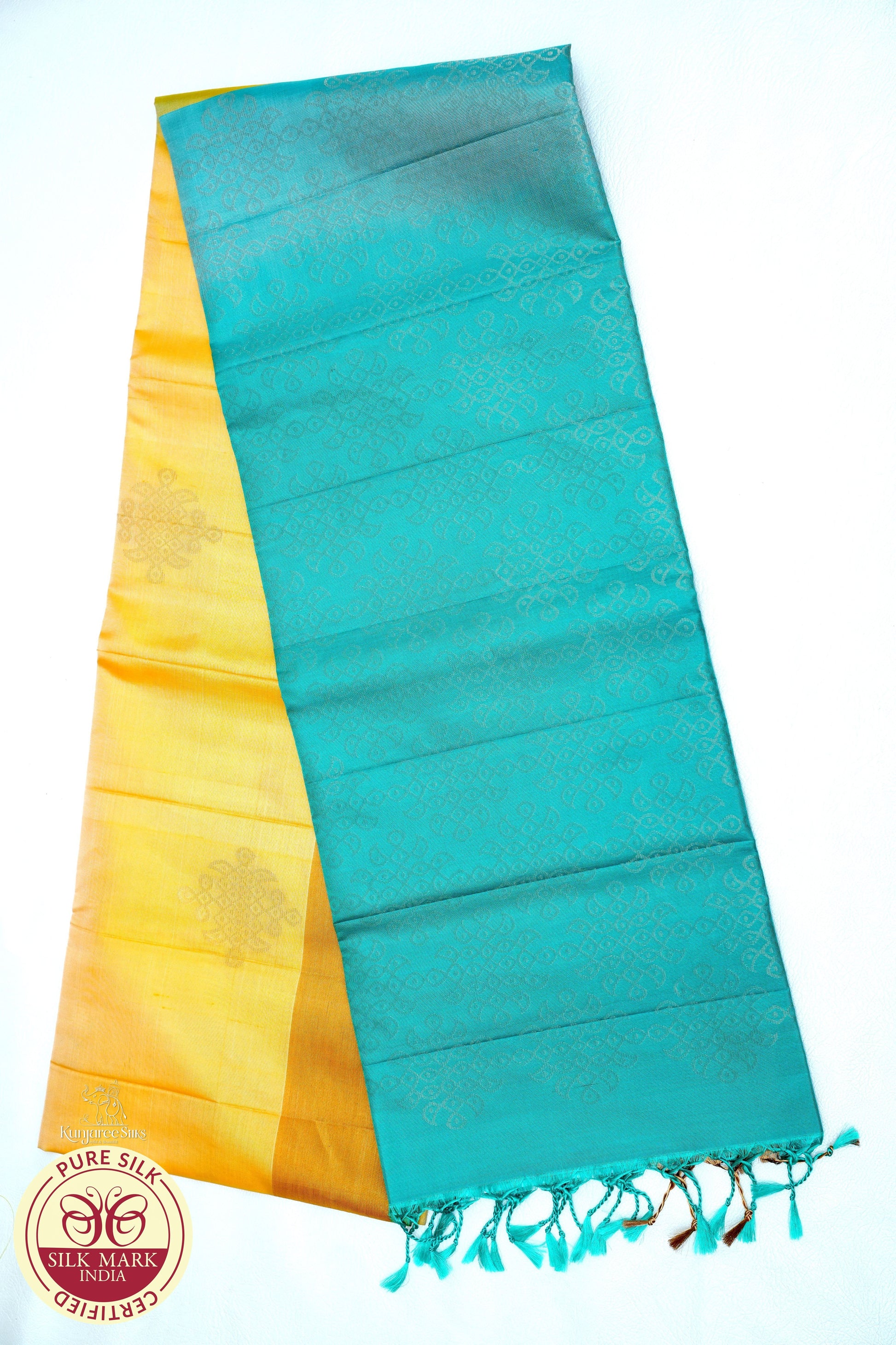 Yellow with Teal Blue Color Pure Silk Saree