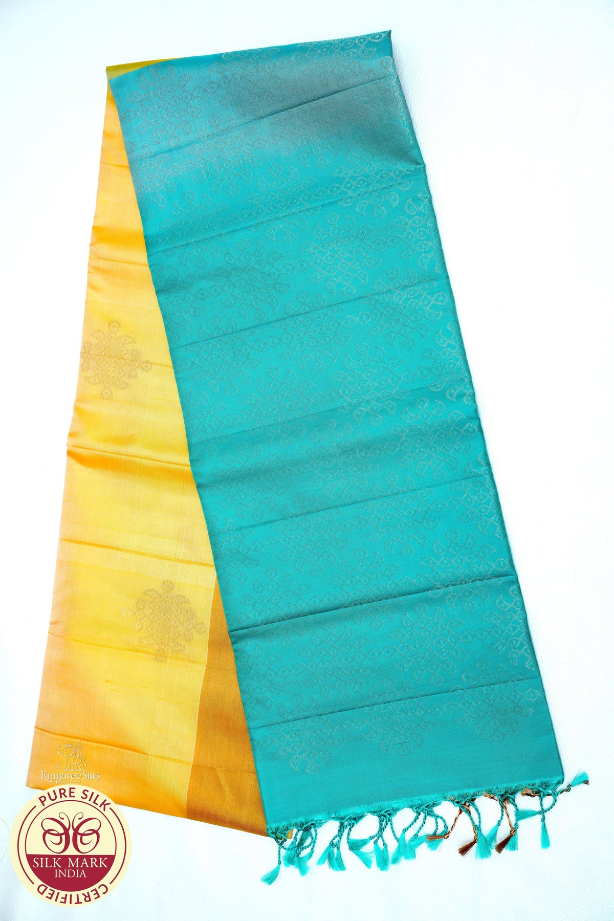 Yellow with Teal Blue Color Pure Silk Saree