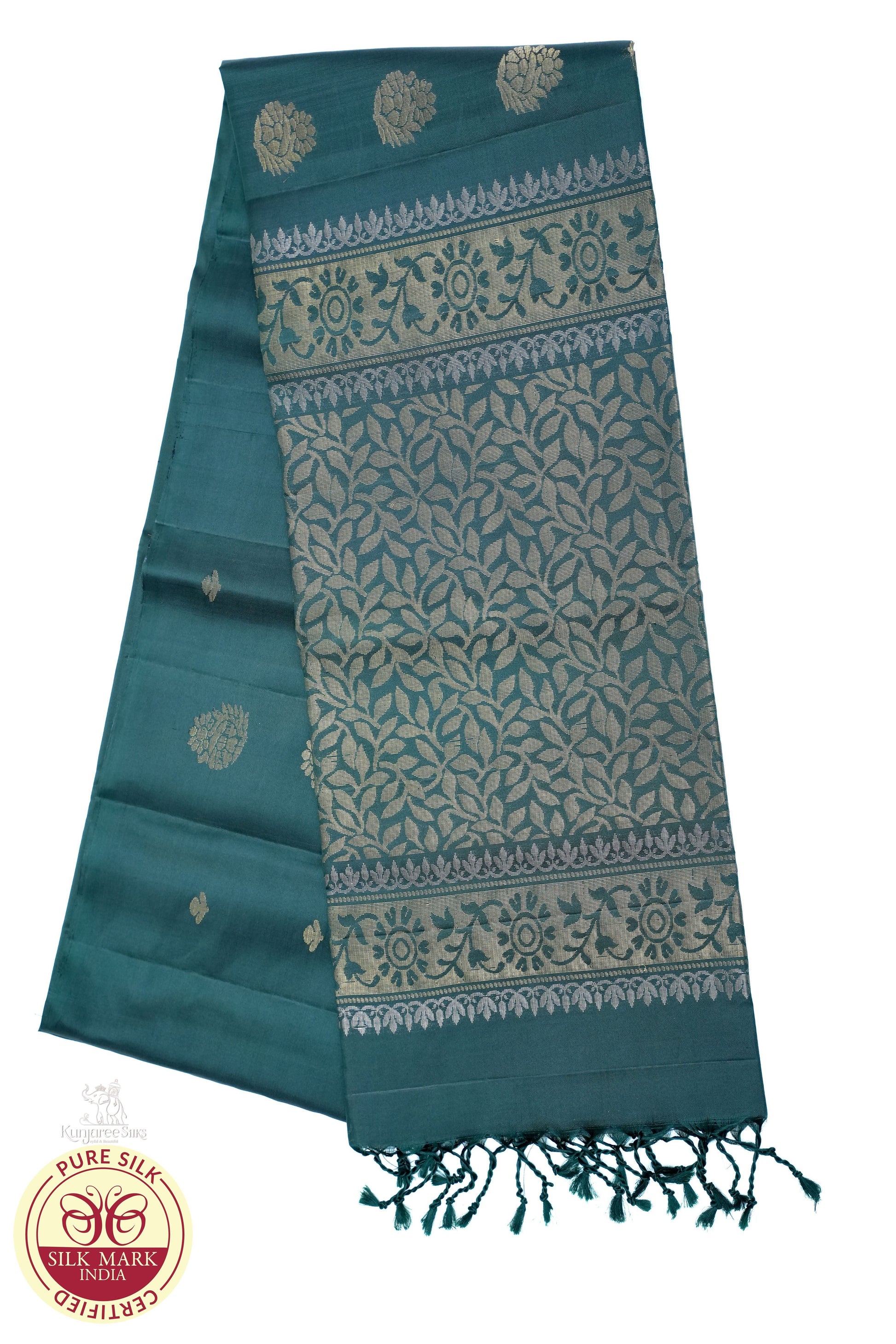 Tropical Green With Gold Color Pure Silk Saree