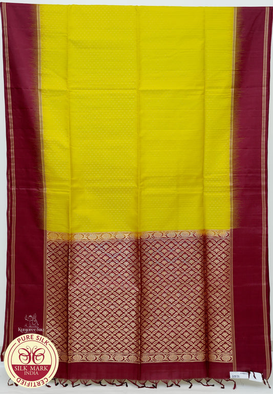 Lemon Yellow with Maroon Pure Silk Saree