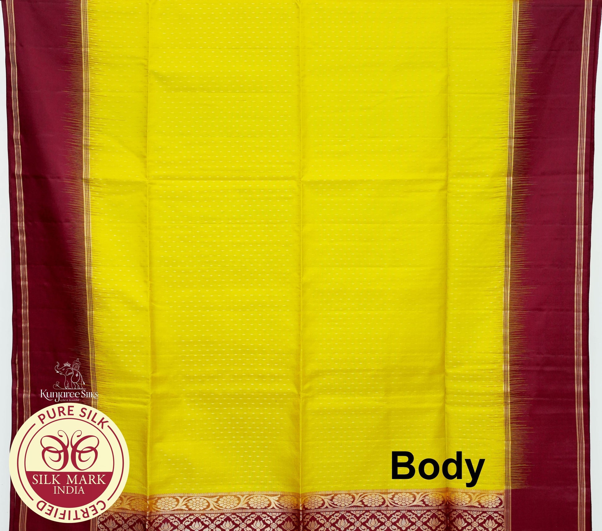 Lemon Yellow with Maroon Pure Silk Saree