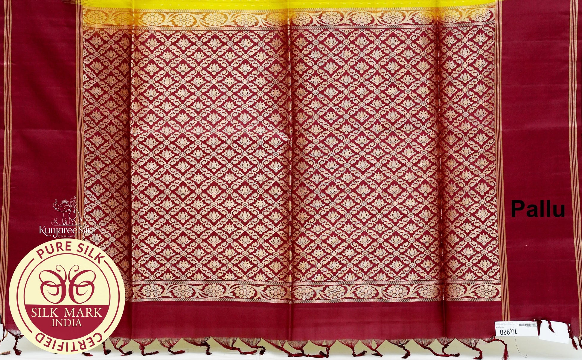 Lemon Yellow with Maroon Pure Silk Saree