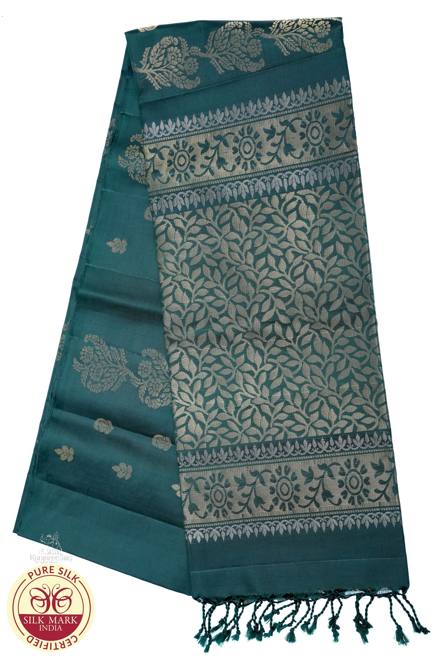 Tropical Green With Silver Color Pure Silk Saree