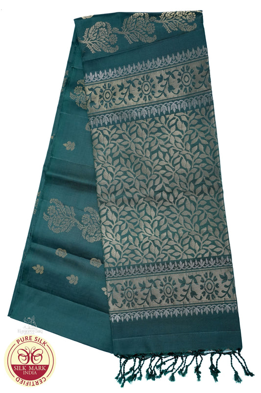 Deep Teal Green with Antique Gold Zari Floral Pallu | Borderless