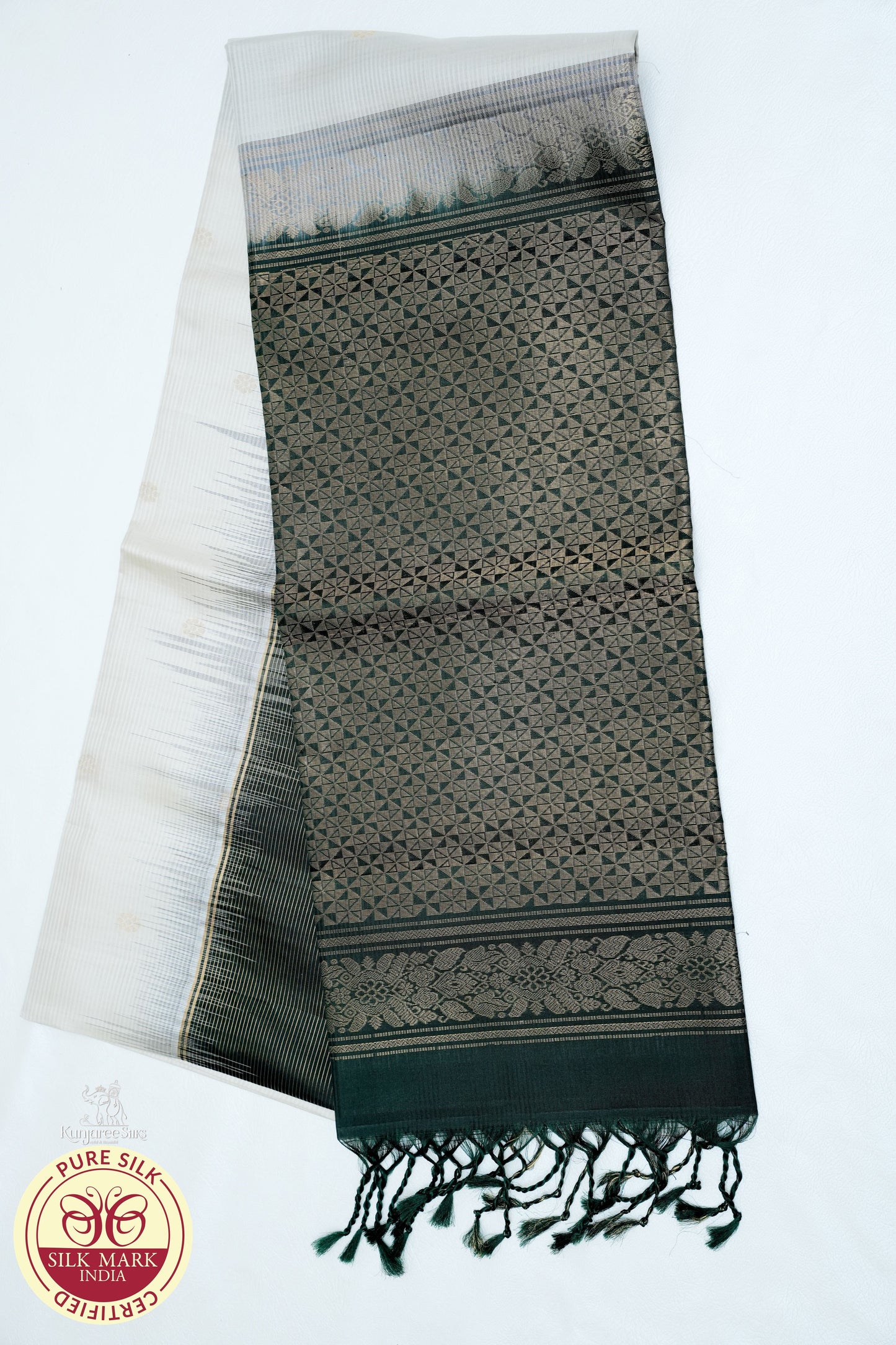 Half White with Bottle Green Color Pure Silk Saree