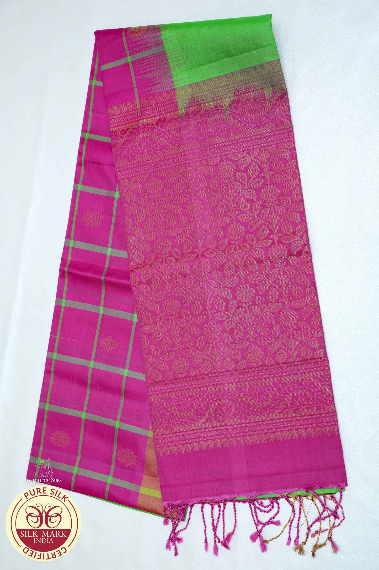 Rani Pink with Parrot Green Color Pure Silk Saree