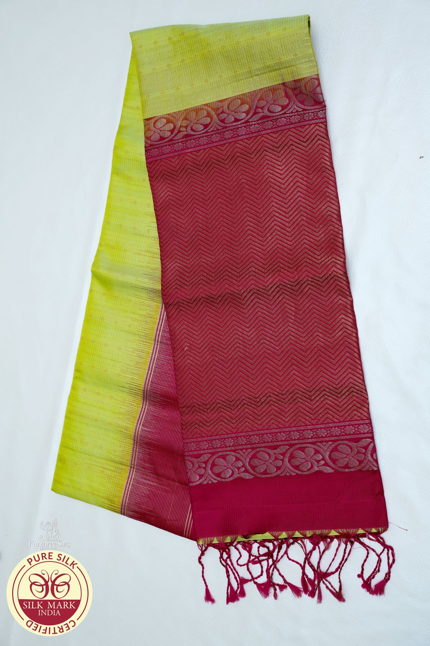 Mustard Yellow with Maroon Color Pure Silk Saree