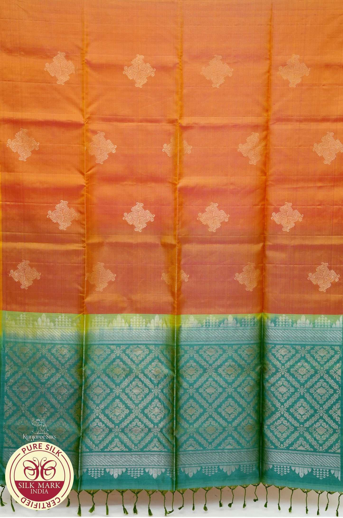 Dual Tone Orange with Green Color Pure Silk Saree