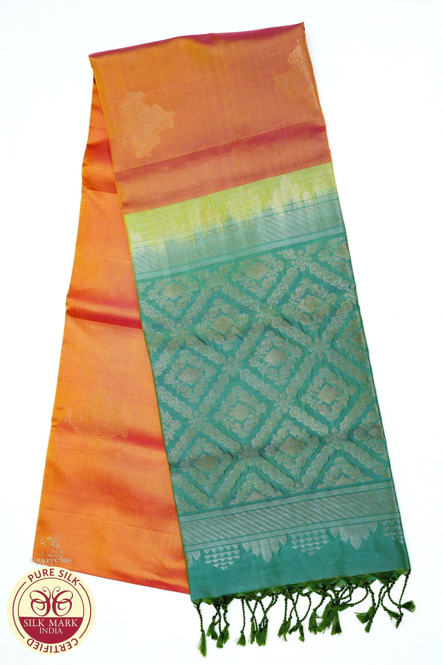 Dual Tone Orange with Green Color Pure Silk Saree