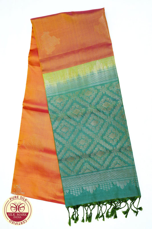 Pure Handloom Dual Tone Borderless - Sunset Orange with pink & Sea Green