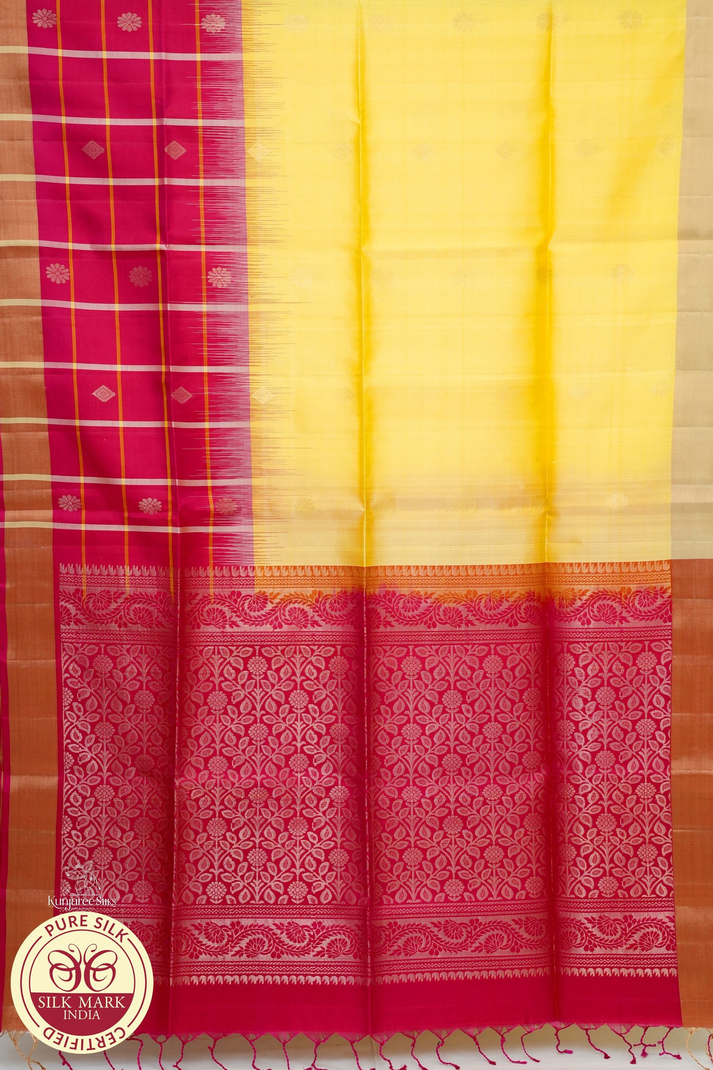 Lemon Yellow with Red Color Pure Silk Saree