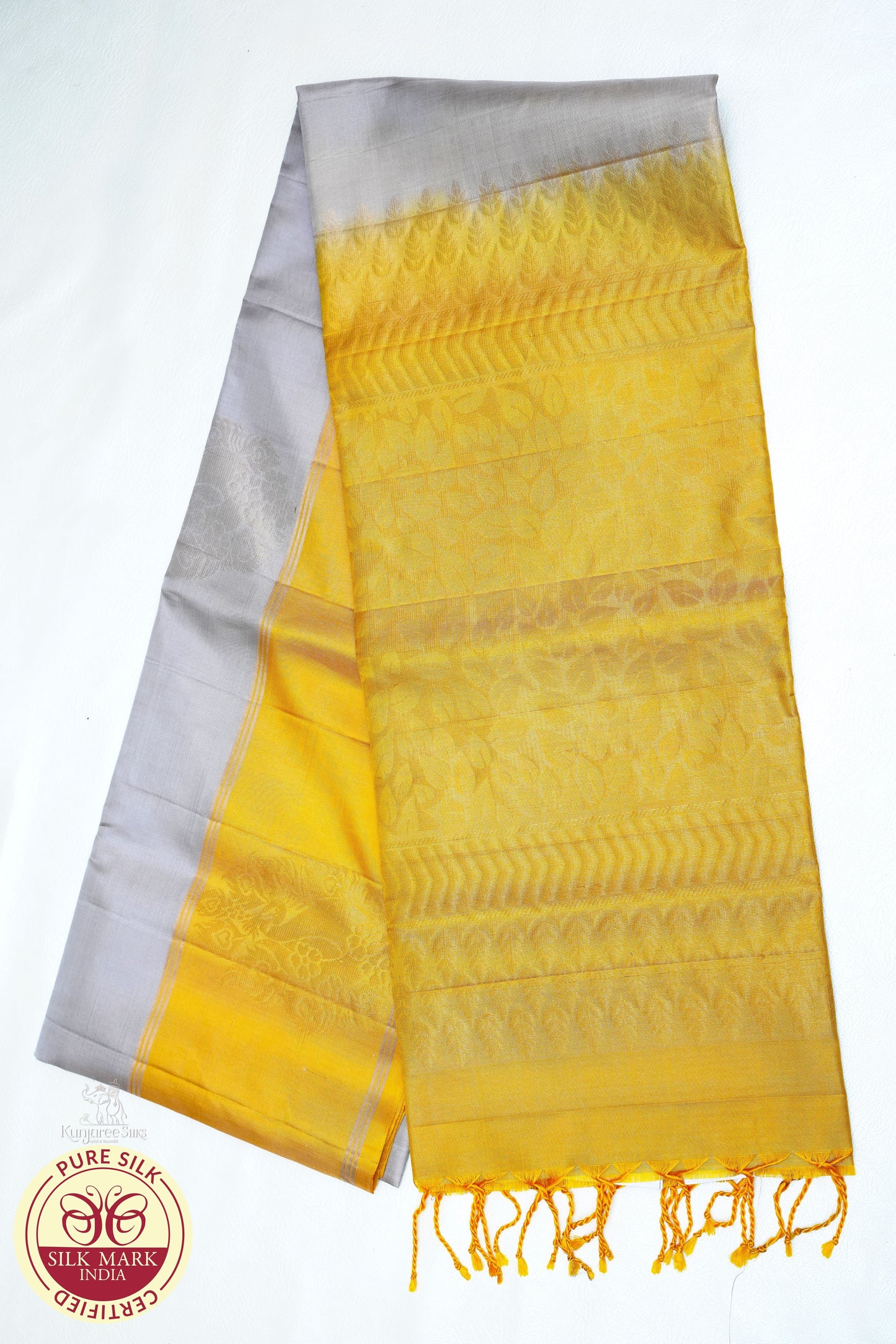 Grey with Yellow Color Pure Silk Saree